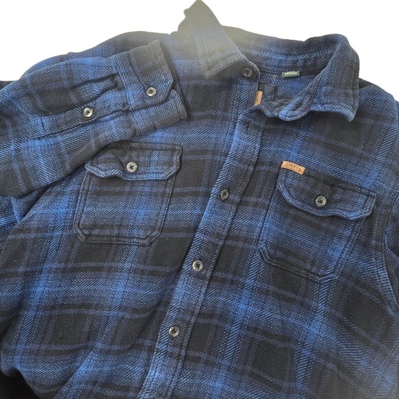 Orvis Men's Blue & Black Plaid Button-Up Heavy Flannel Shirt Size Large - Picture 1 of 9